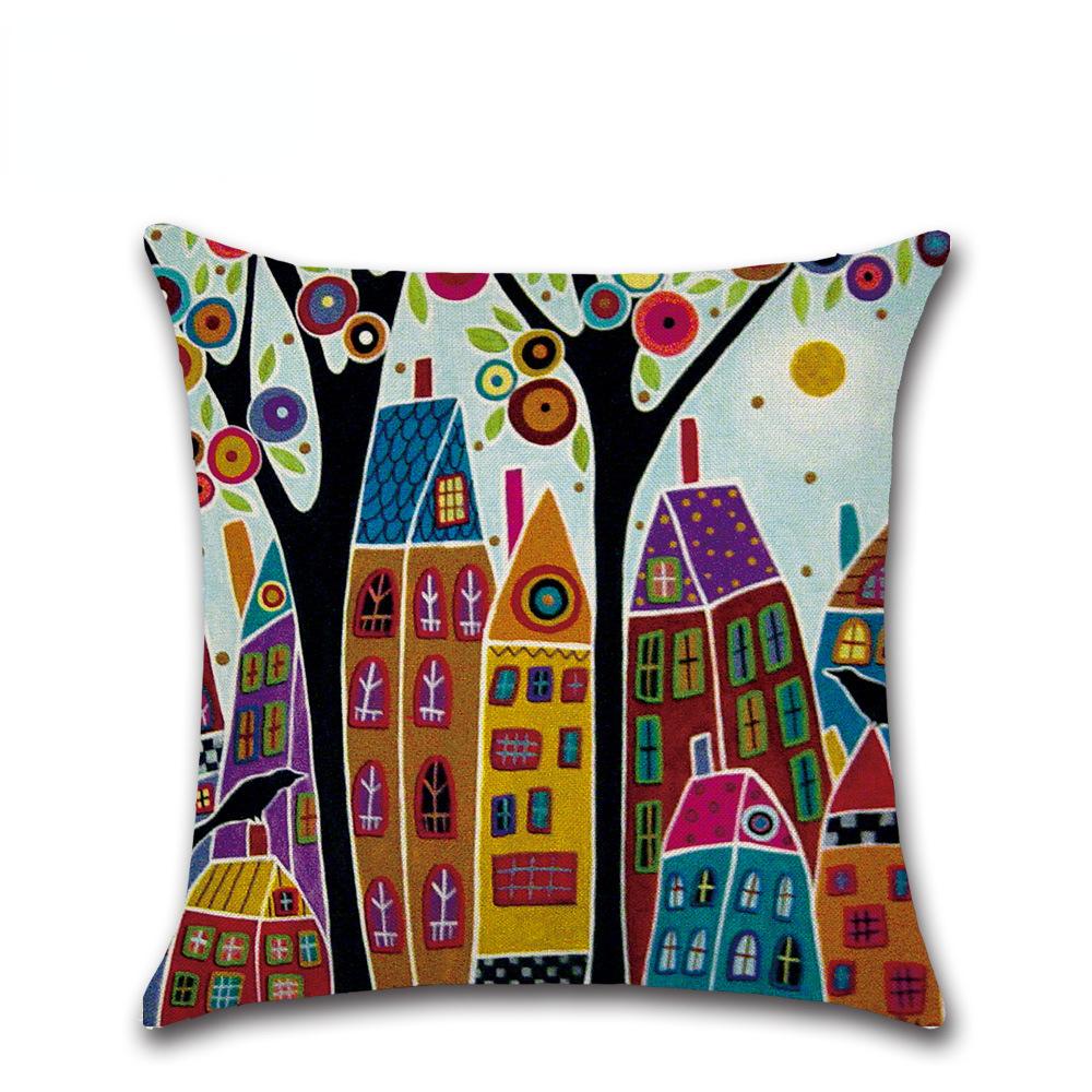 1 Pc Hand Painted Retro Rural Color City Cushion Cover Linen Decorative Cushion Car Home Decoration Pillow Case WBL