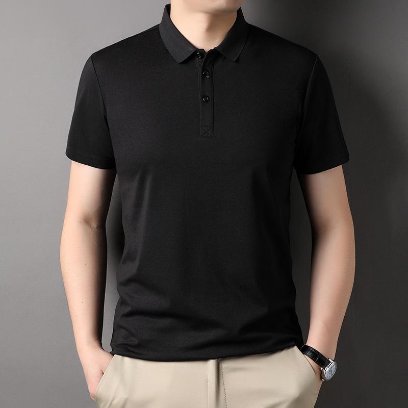 

Spring and Summer Men s POLO Shirts Short-sleeved Mulberry Silk Solid Color T-shirts for Young and Middle-aged People 3XL чорний