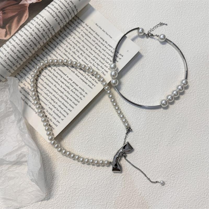Fashion Elegant Metal Bowknot Tassels Necklace Pearl Beaded Clavicle Chain Choker Necklace Statement Jewelry Neck Chain