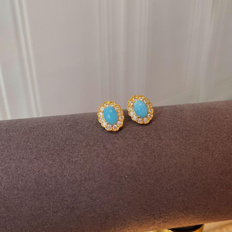 Vintage Meer Muster Stein Anhänger Halskette Set Damen Nische Leichter Luxus Premium Blau Schlüsselbeinkette Ring Ohrstecker