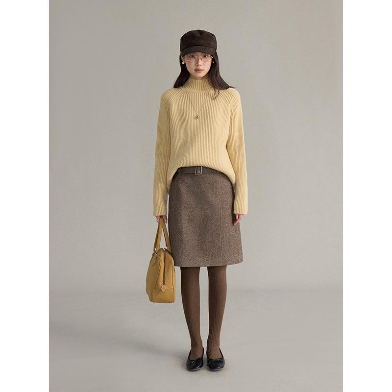 Intellectual Sister Ge Ming Retro High Waist Belted Woolen A-line Skirt S (90-105) кофейный