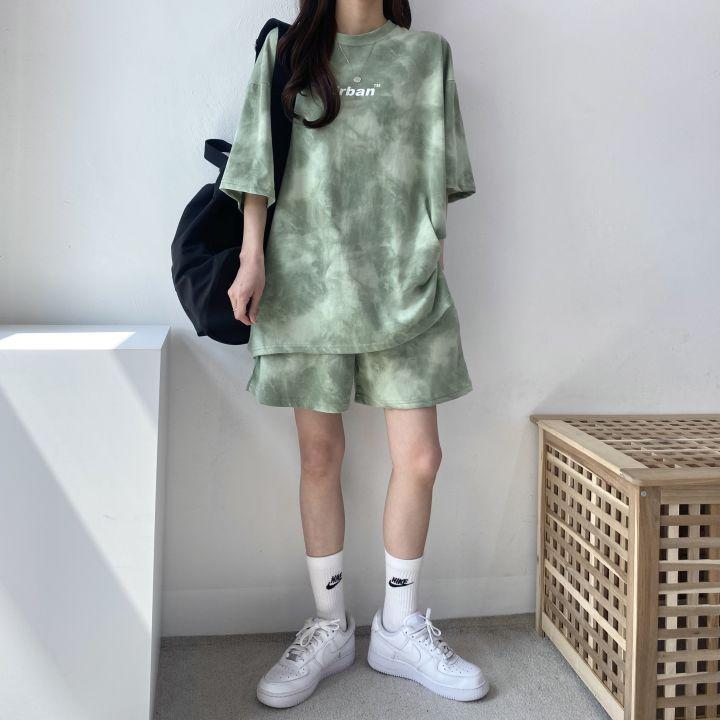 Set di pantaloncini e maglietta da donna, casual, tie-dye, larghi e larghi, con tasche, set di pantaloncini estivi morbidi da donna