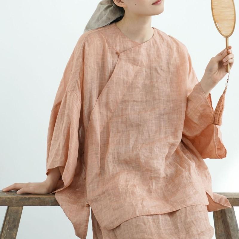 Johnature Women Vintage Shirts Tops V-Neck Seven Sleeve Blouses Loose Summer Solid Color Button Shirts