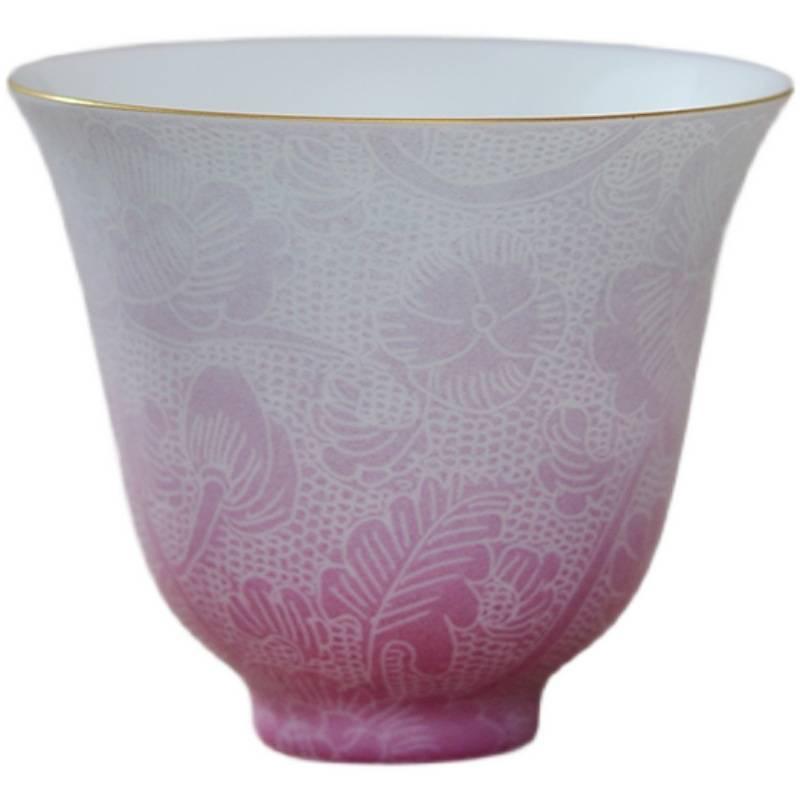 Handgefertigte Keramik-Teetasse Geschnitztes Blumendekor Farbverlauf Goldrand Chinesisches Gongfu-Teeset Porzellan-Teegeschirr Persönliche Teetasse Geschenk