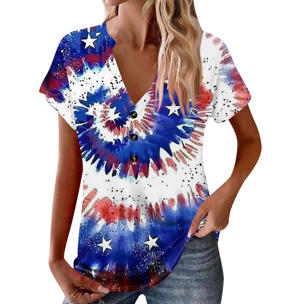 Women's New Button V Neck Fashion Print Short Sleeve Vintage Print T-Shirt Tops Casual Tops Loose T-Shirt Pullover Casual Loose Print Tops