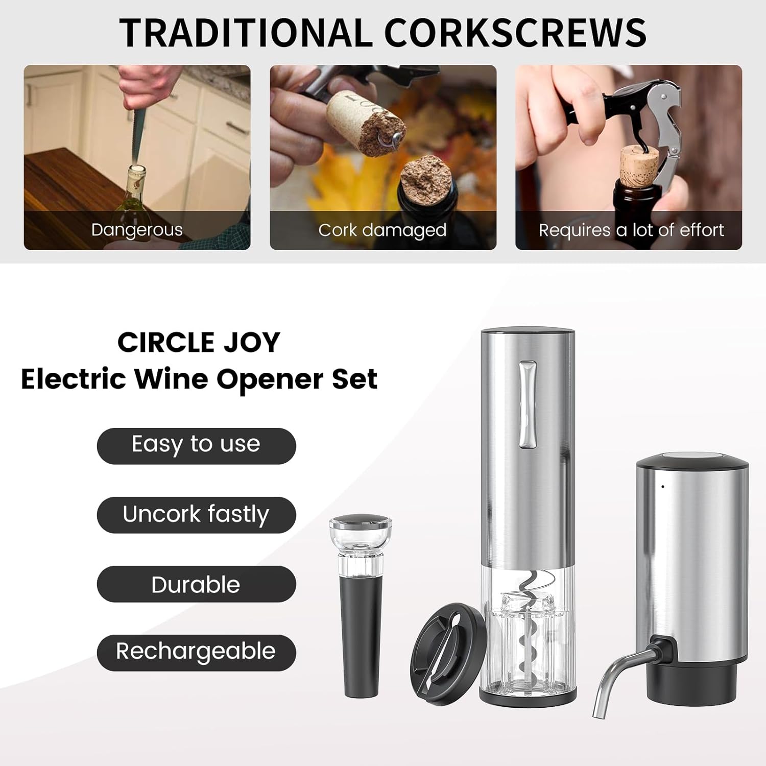 CIRCLE JOY Electric Wine Opener Set 4-in-1 Wine Set with Rechargeable Wine Opener, Rechargeable Wine Aerator Pourer, Foil Cutter and Vacuum Wine