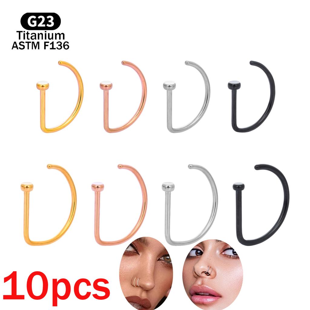 10pcs G23 Titanium Piercing Nose Ring D-shaped Medical 18G 20G Tragus Helix Stud Hoop Septum Earring Body Jewelry
