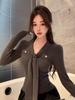 Korean V-Neck Lace-Up Slimming Pullover: Long Sleeve, Waist-Cinched, Plain Color Top for Women - High-End Autumn/Winter Style.