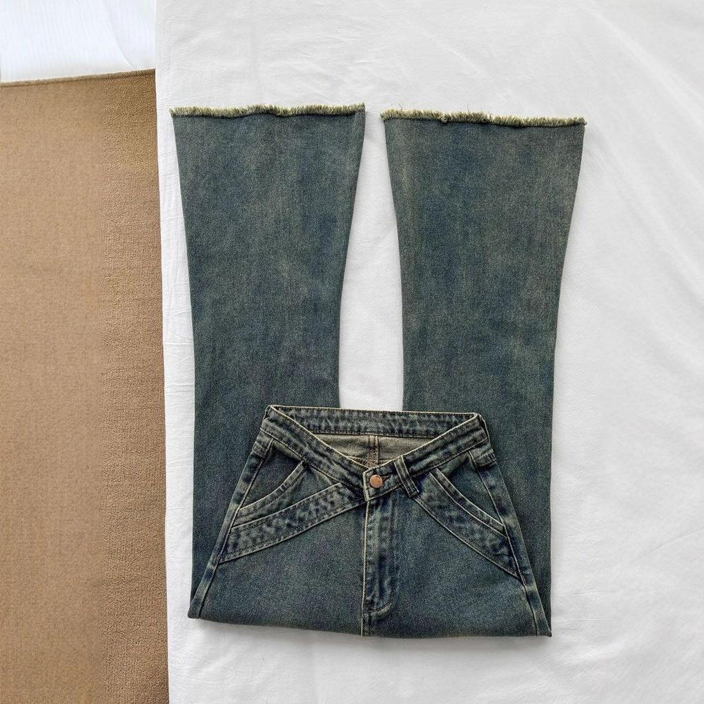 Retro Raw Edge Micro Flare Jeans Damen Frühling und Herbst Designgefühl Hohe Taille Skinny Hundert Hundert Match Gerade Schlaghose Retro Jeans