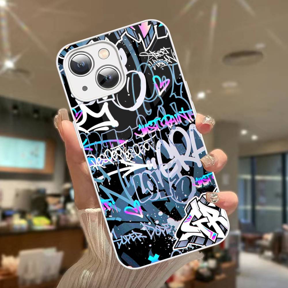 Cool Black Graffiti For iPhone 14 13 12 Mini 11 Pro XS Max X XR 14 Plus Tempered Glass Cover