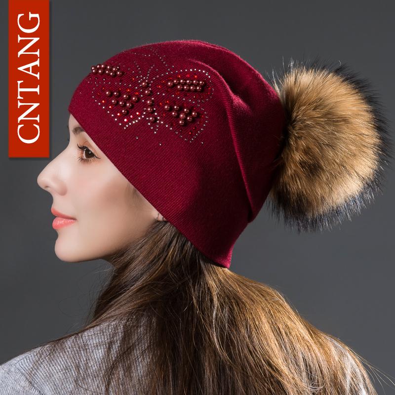 2026 Fashion Pearl Butterfly Women Hats Knitted Wool Beanies Autumn Winter Warm Caps with Natural Fur Pom Pom Ladies Hat