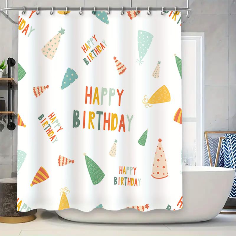 

Happy Birthday Shower Curtain Party Hat Decorative Bath Mat Waterproof Printed Fabric For Bathroom Decoration Blue Green Orange W60H190(CM)-1 Pcs
