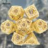7 Pcs Yellow Blue Gear Wheel Metal Dice Hollow Metal Polyhedral Dice Set Suitable for Role-Playing RPG  Board Game Card Game
