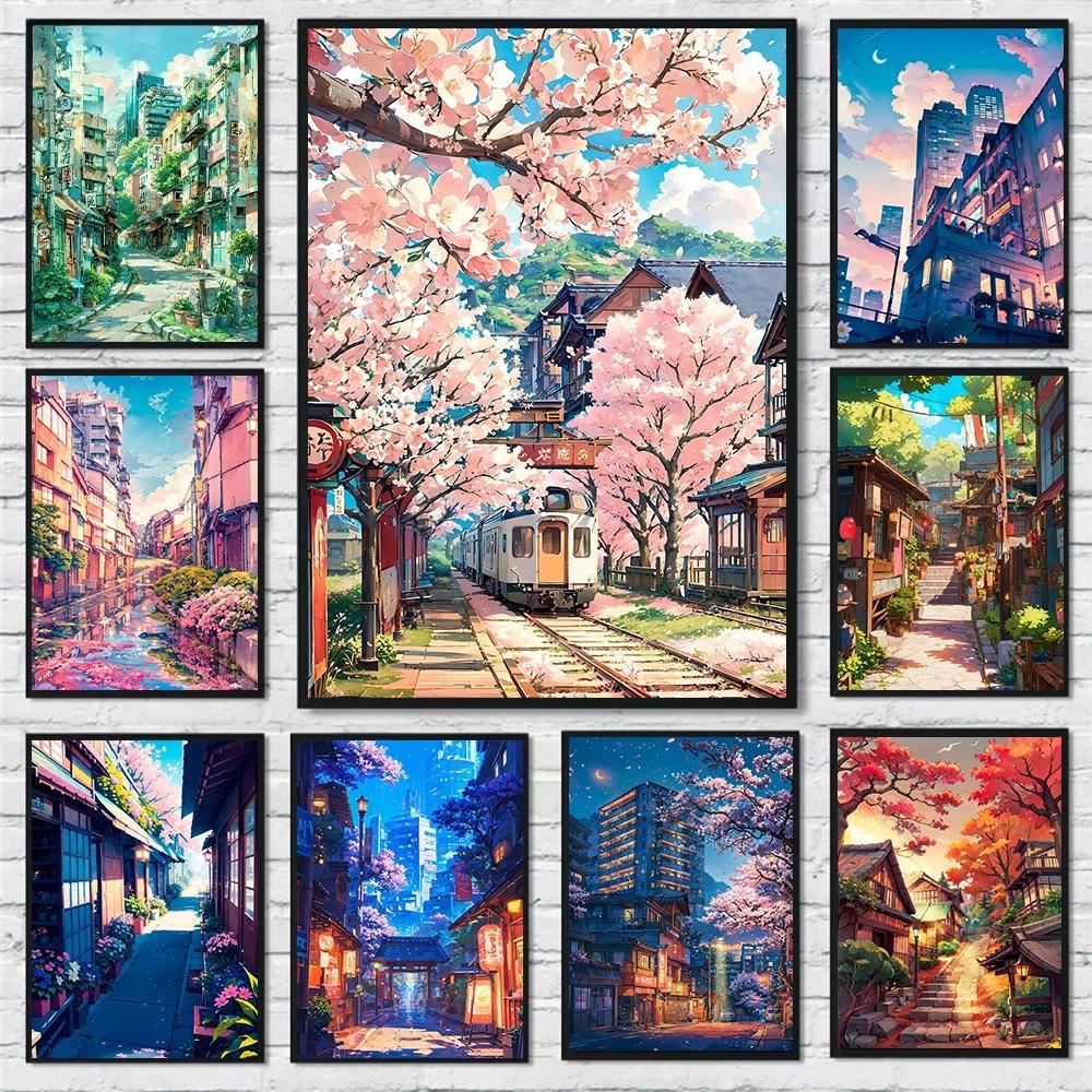 Japanese Street Scenery Cherry Blossom Architecture Canvas Poster Flowers Plants Landscape Wall Art Prints for Modern Home Decor