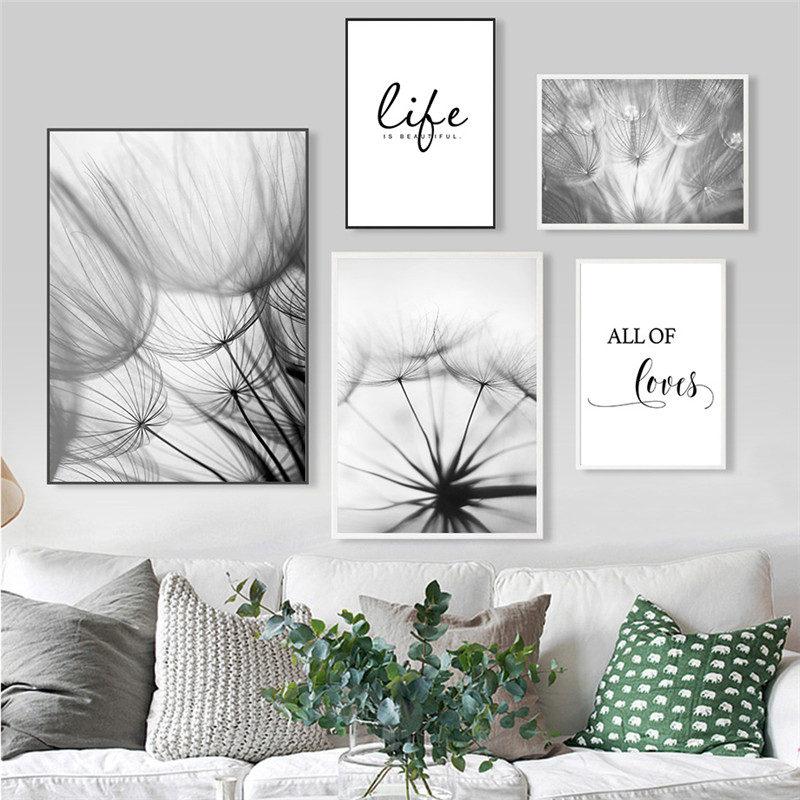 Life Quote Wall Pictures Art Print Love Words Canvas Painting Dandelion Art Poster Black White Nordic Wall Decor HD2619