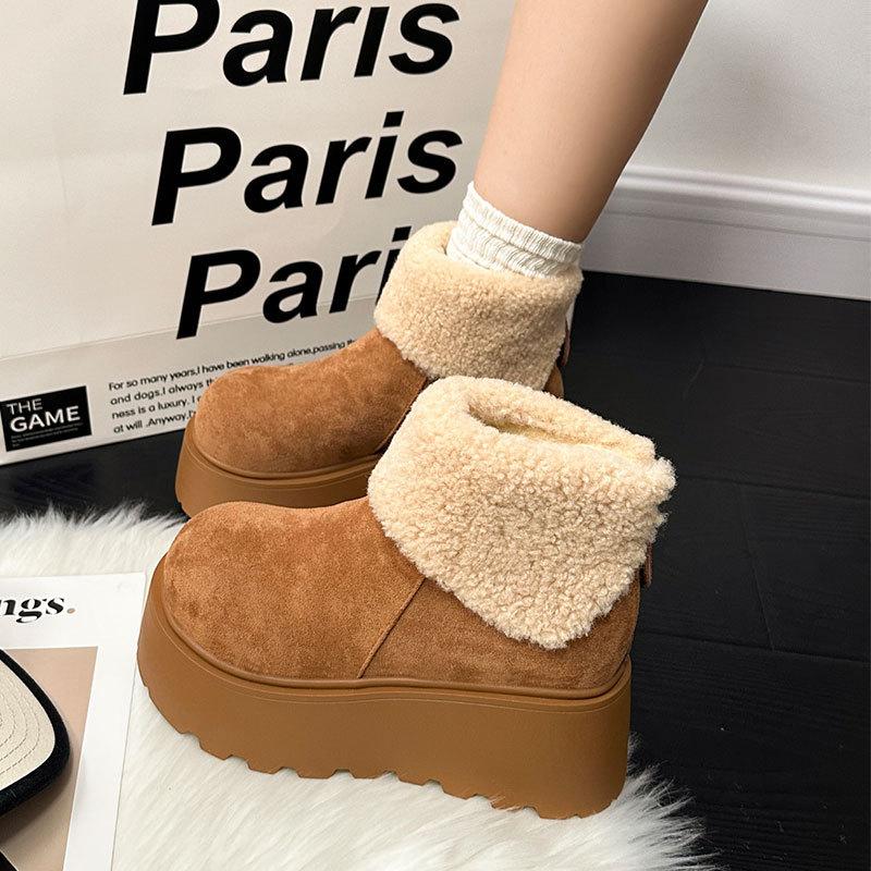 Thick-soled heightening snow boots women's new winter plush warm fluffy short boots fashionable ugly and cute big-headed cotton shoes