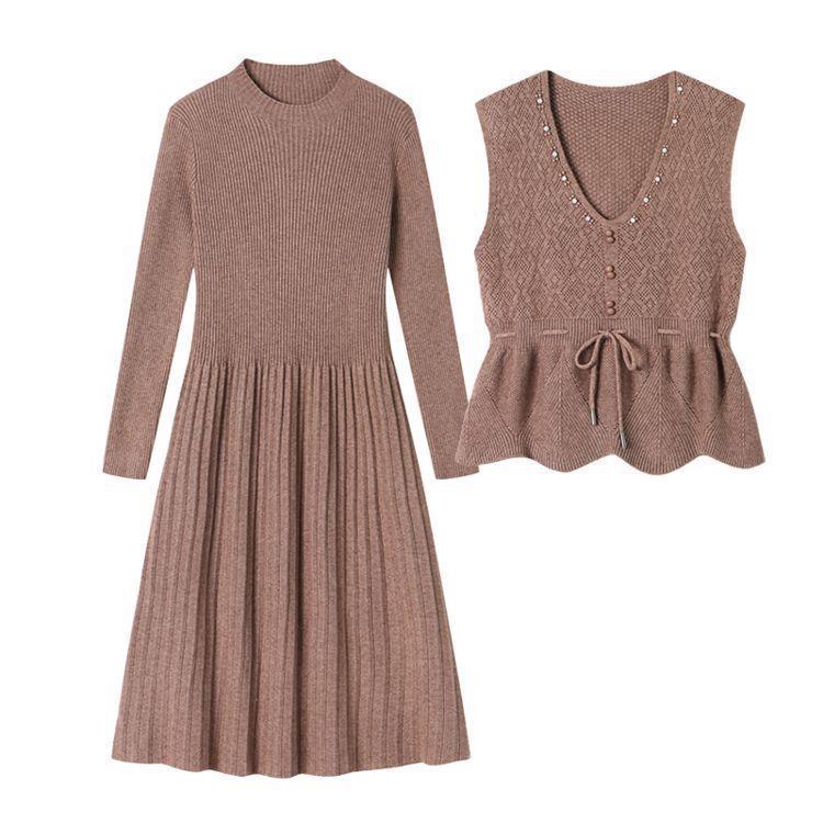 Two-Piece Knit Vest & Dress Set: Mid-Length, Slim-Fit, Autumn/Winter Fashion