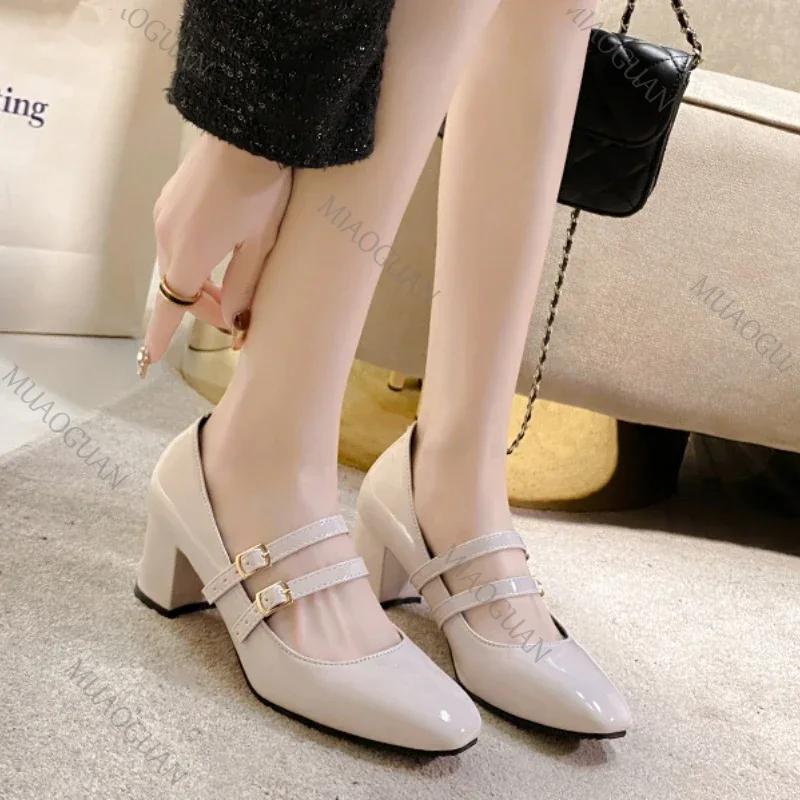 Fashion 2025 Spring Autumn Women Double Buckle Pumps Shoes Pu Leather Square Head Chunky High Heel Solid Color Women's Loafers Shoes