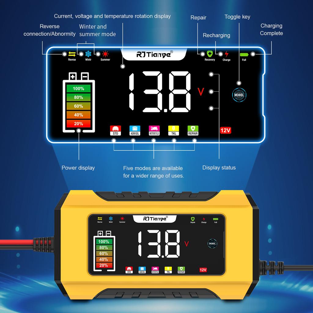 12V Fully Automatic Car Battery Charger Pulse Repair LCD Battery Charger for Auto Motorcycle Lead Acid Battery Smart Charging
