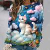 Flowers Cat  Long Sleeves Women Colorful Animal 3D Clothing  Tops O-Neck Cotton Clothes T-Shirt