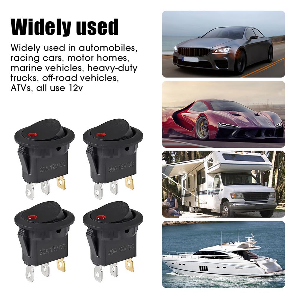 4Pcs Round Rocker Toggle Switch Waterproof DC 12V 20A SPST ON/OFF Switch 3 Pins with LED Light for Car Automotive Boat Truck
