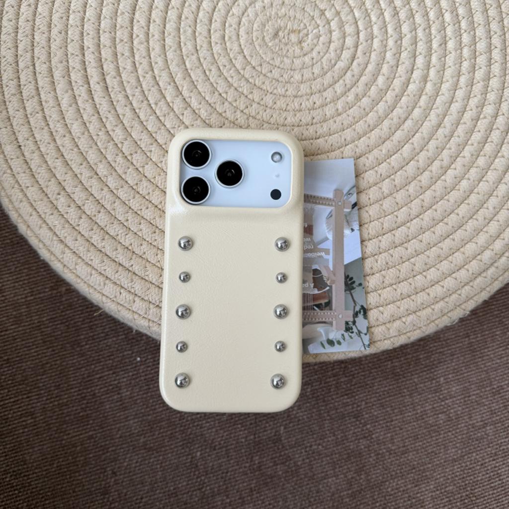Stylish Stereoscopic Round Bead Rivet Solid Color Leather Shockproof Protective Phone Cover Case for iPhone 17 16 15 14 Pro Max