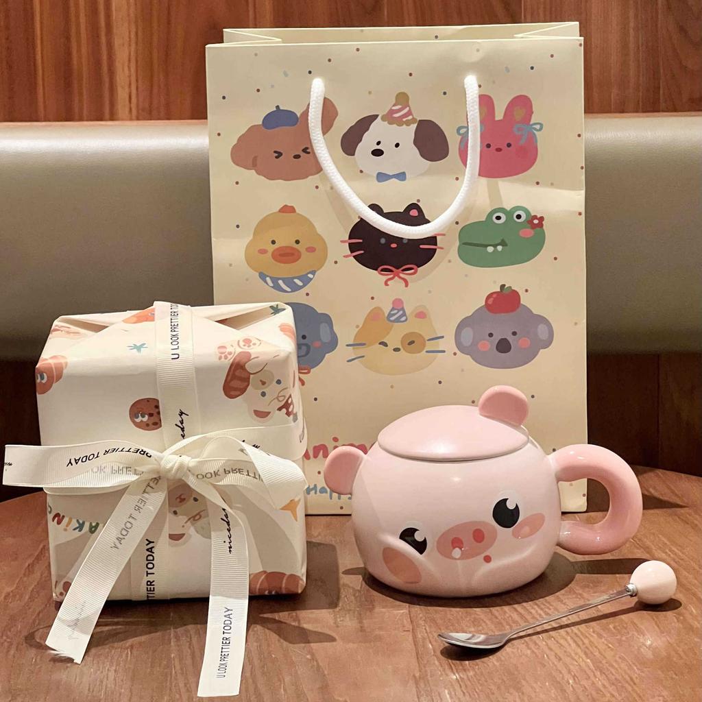 Cute Cartoon Piggy Ceramic Cup Girl Heart Mug with Lid Spoon Office Coffee Mug Birthday Gift