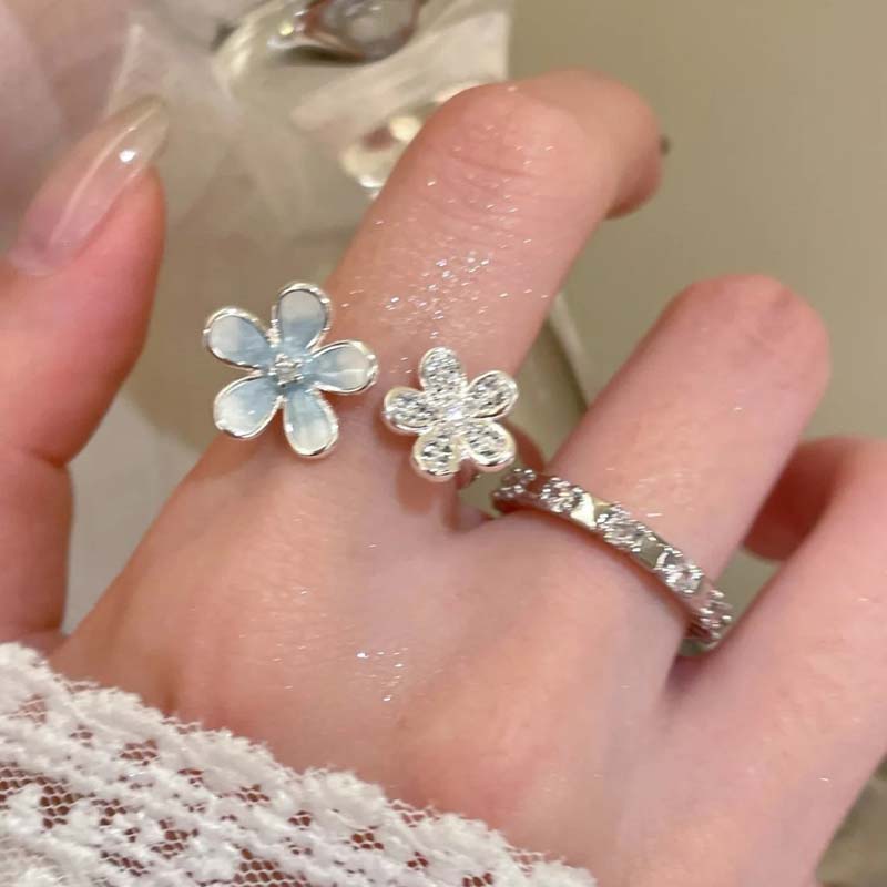Y2K Sweet Fashion Blue Flower Rings for Women Girls Exquisite Rhinestone Five Petal Flower Opening Rings Party Jewelry Gifts