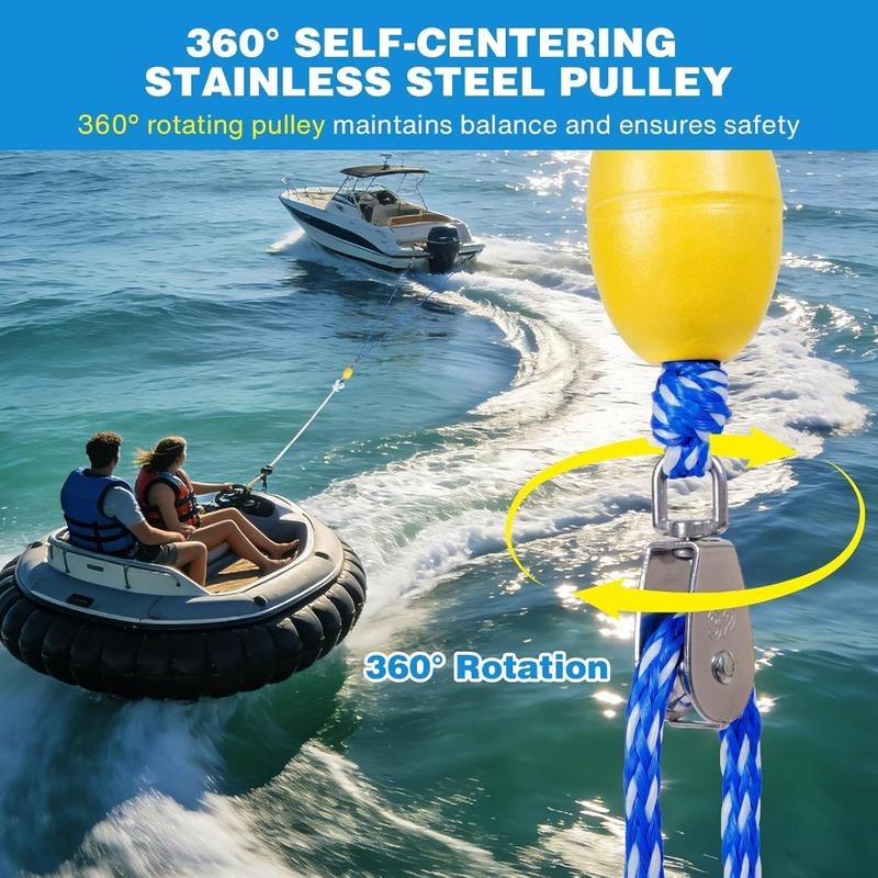 Heavy Duty Boat Tow Harness for Tubing, Self Centering 1-4 Riders, 360° Rotating Pulley, Floating Tube Rope