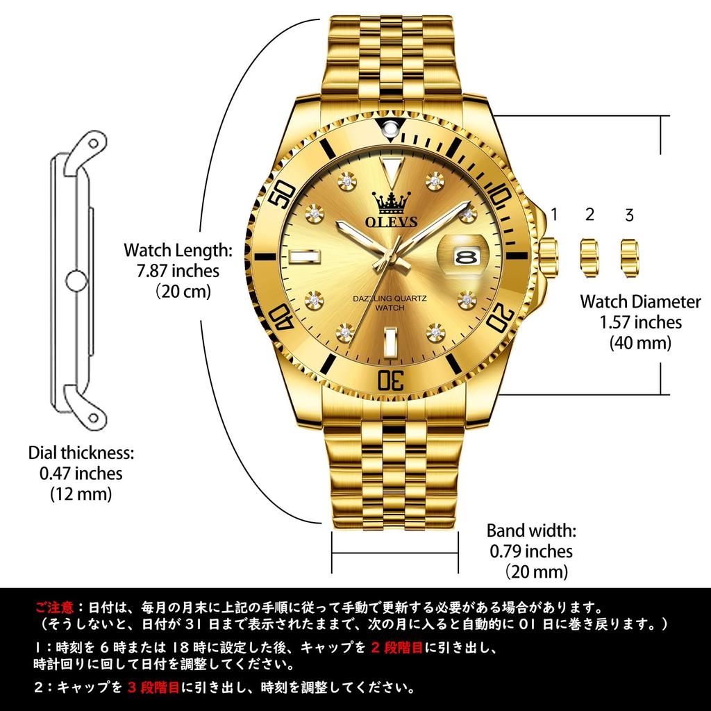 OLEVS Waterproof Quartz Analog Watch with Date Gold Stainless Steel Large Business Simple Stylish Popular Gold Watch for Men's Display, Band, Dial,