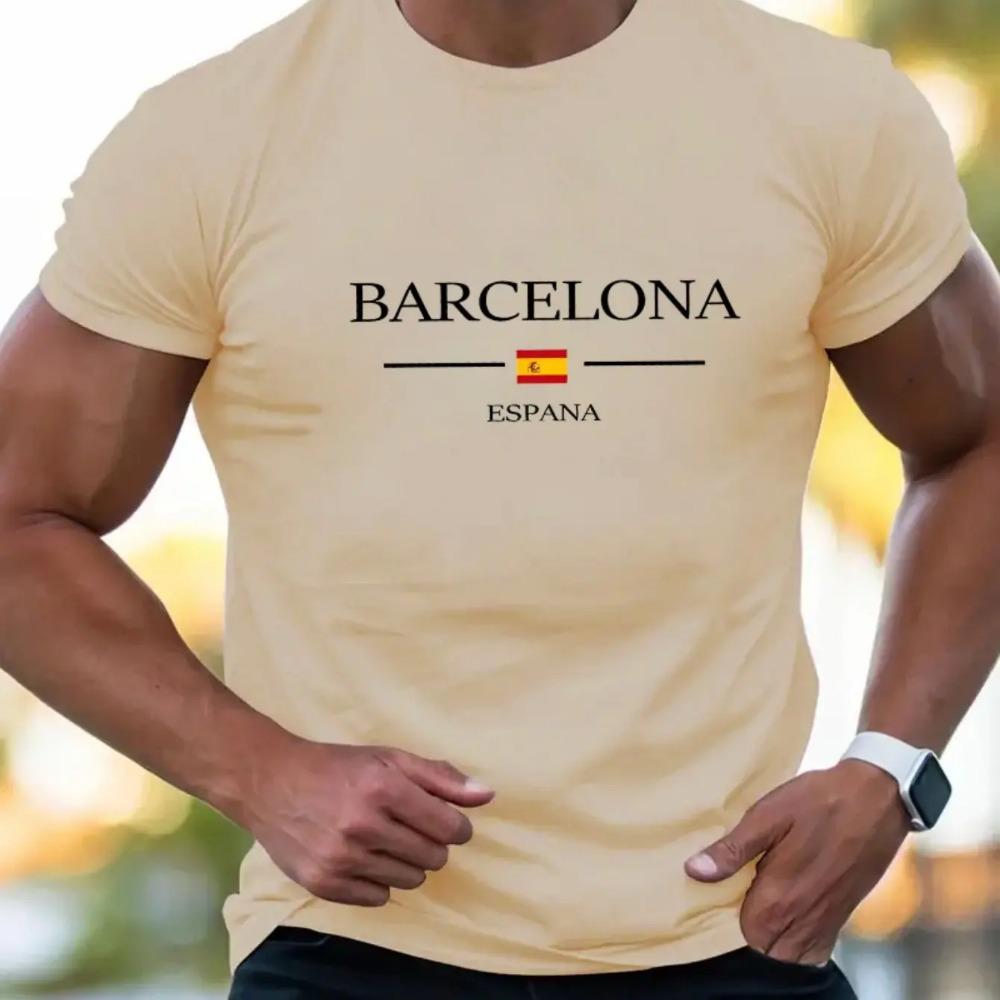 Summer Men's 100% Pure Cotton Casual Loose Plus Size Fashionable Barcelona Letter Printed Round Neck Short Sleeved T-shirt Top
