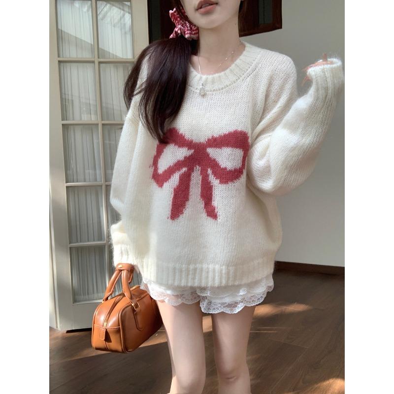 Butterfly Knot Jacquard Women's Sweater Long Sleeved Round Neck Pullover Knitted Sweaters Autumn New Loose Woman Fashion Trendy Top