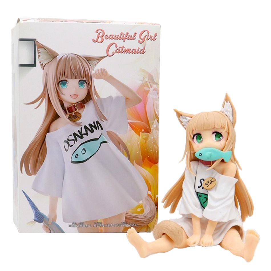 Anime Figure Golden Head My Cat Is A Kawaii Girl PVC Hobby Sakura Soybean Flour Sit And Eat Fish Model Doll Toys Christmas Gifts