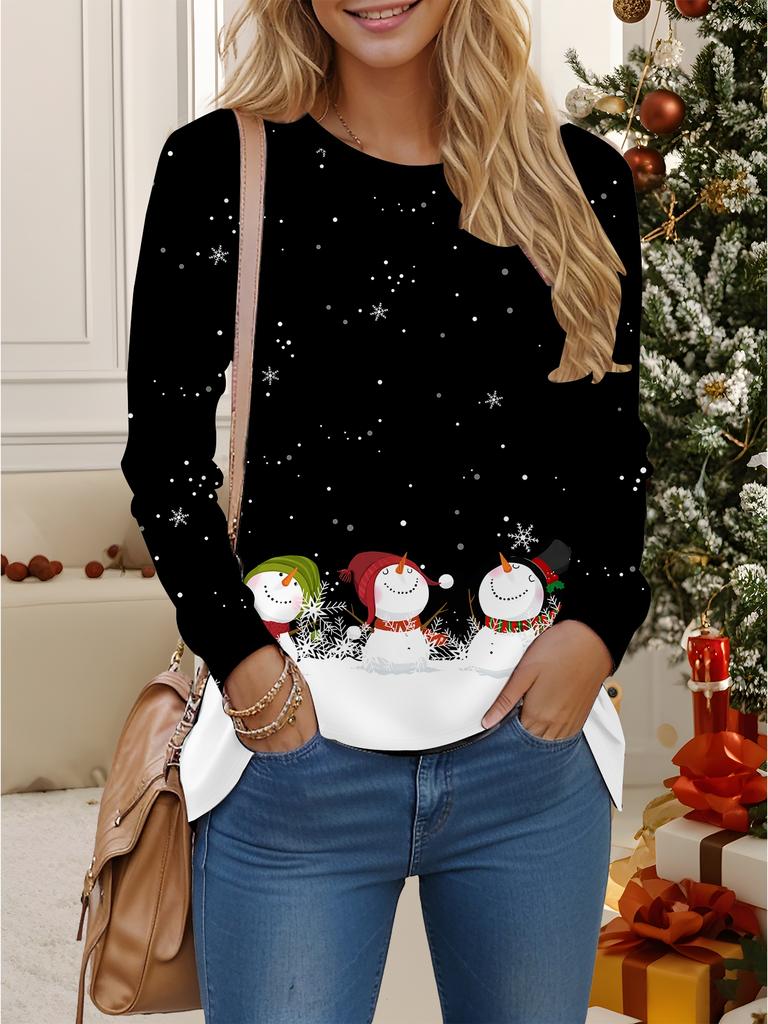 Tops for Women 3D Christmas Print Round Neck Long Sleeve T-shirt Fall Casual Slim Pullover Women's Long Sleeve Top