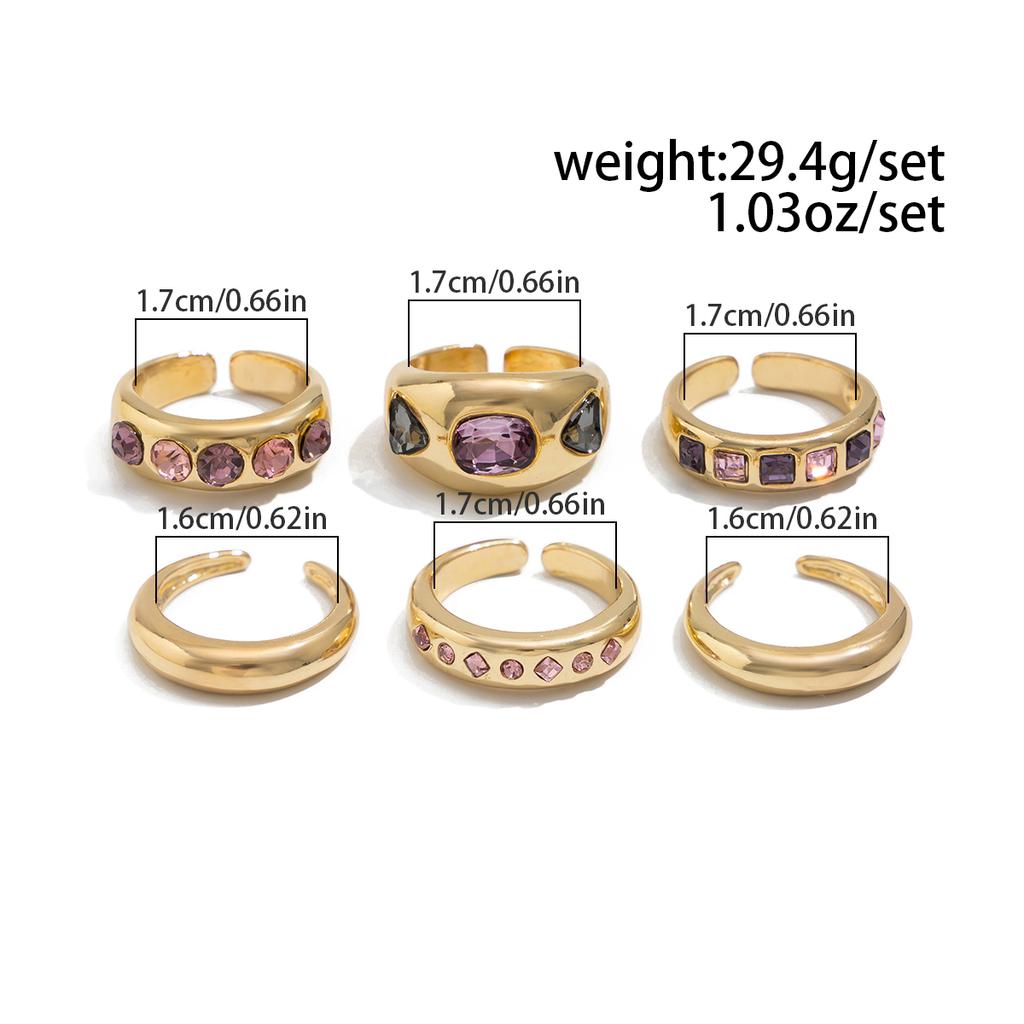 Salircon Exquisite 6Pcs/set Inlaid Purple zircon Adjustable Opening Ring Women Smooth Gold Color Ring Female Daily Jewelry Gift