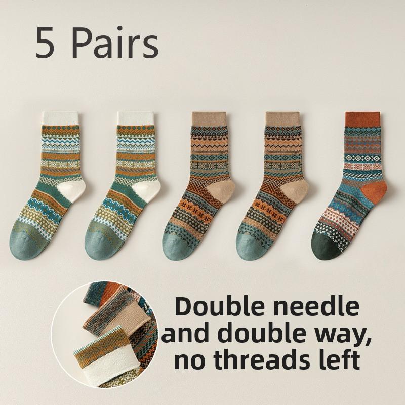 5 Pairs of Women's Spring and Autumn Vintage Ethnic Style Trendy Mid Calf Stackable Socks