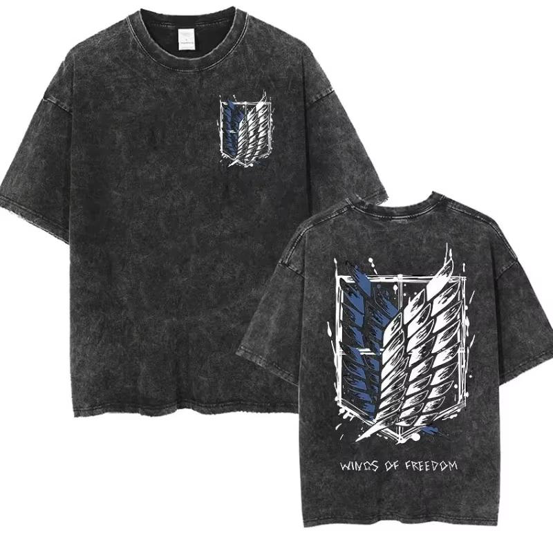 Anime Attack Titan Retro Wash Printed Women's T-shirt Mikasa Ackerman Eren Jaeger Free Wings Pattern Men's Summer T-shirt
