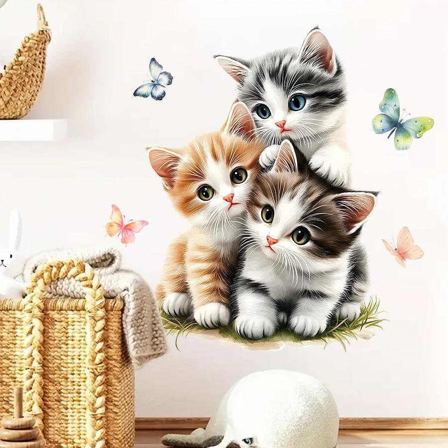 3D Cute Cartoon Kitten with Butterfly Wall Stickers, Healing Style Self-Adhesive Decor for Kids Room Decoration