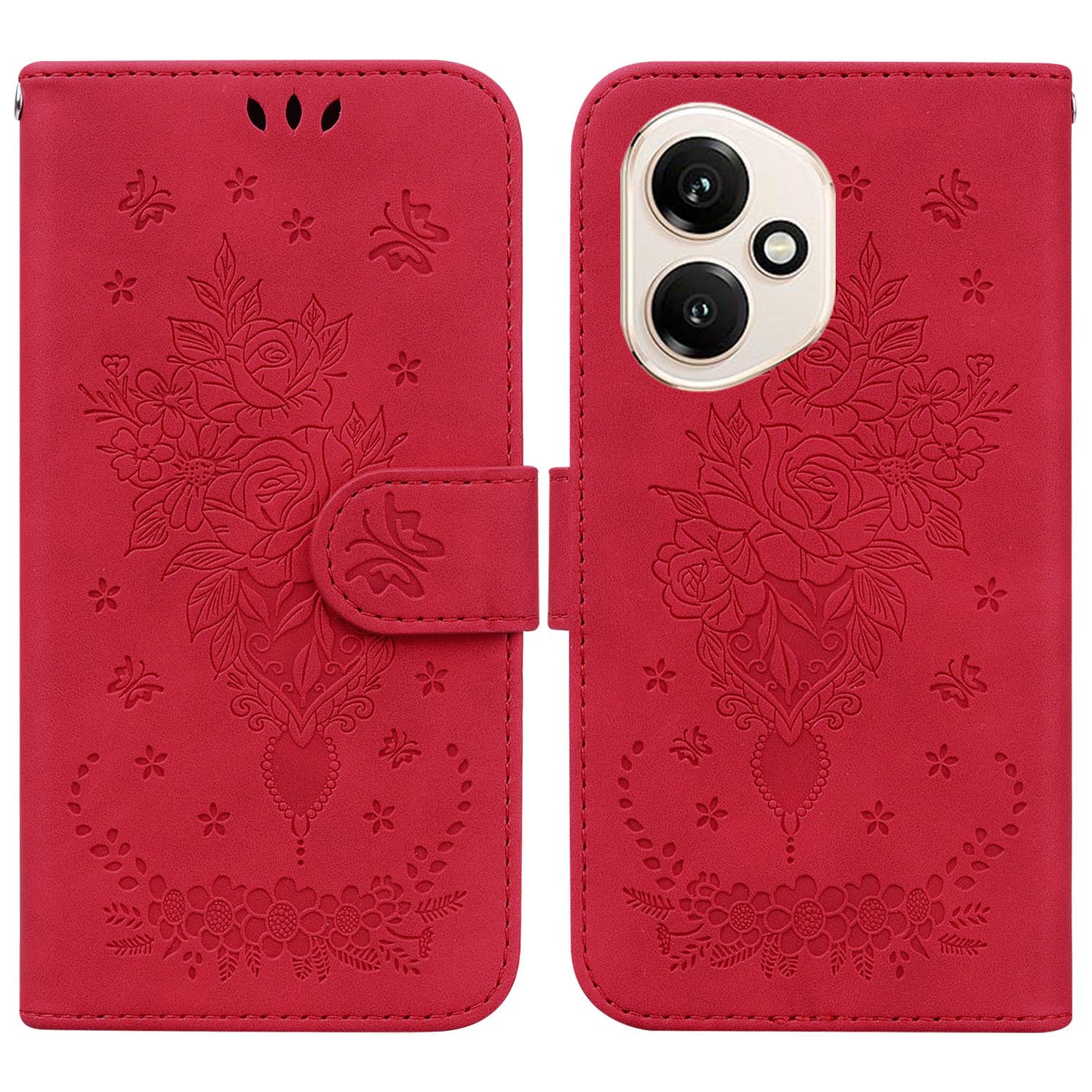 

For Honor 400 5G (Global) Case Butterfly Flower Imprint PU Leather Wallet Phone Cover with Strap Red