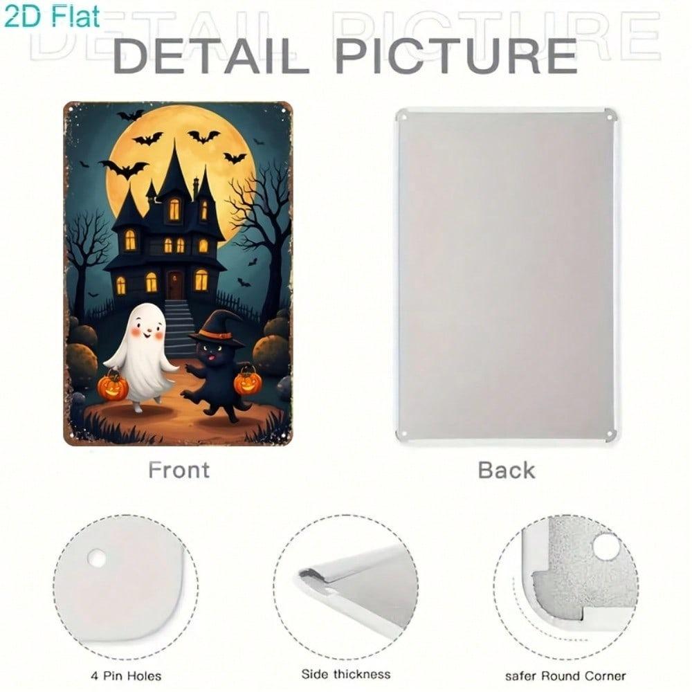 Vintage Halloween Metal Sign – Cute Ghost, Black Cat & Pumpkin, 2D Wall Art for Home, Bar, Cafe, Party Decor
