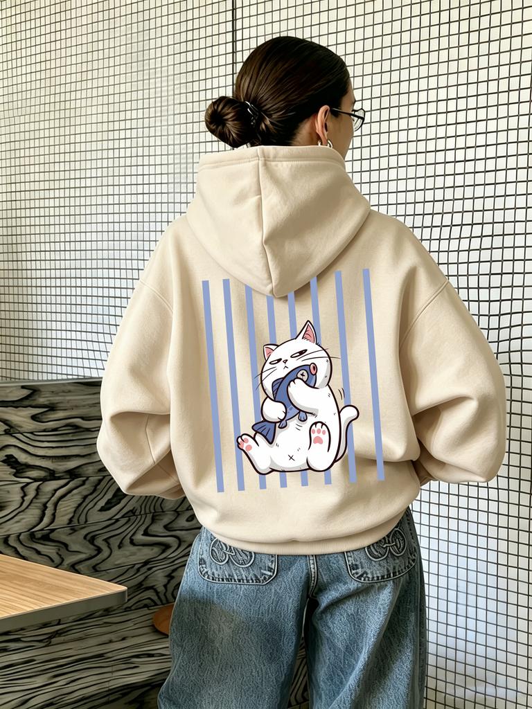 Women's hooded sweatshirt, featuring cat and fish patterns, with a casual style, suitable for running, Y2K trend