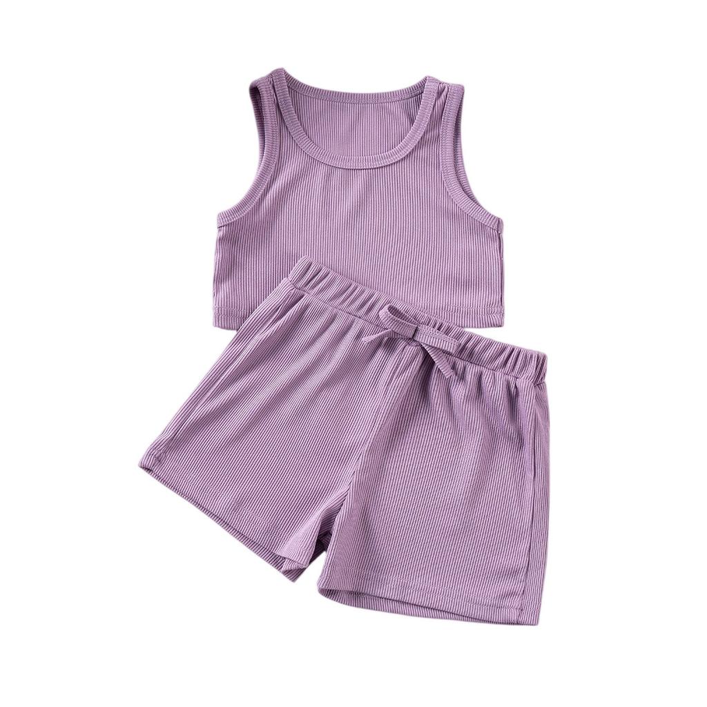 Girls' Solid Color Set - Sleeveless Top & Elastic Waist Shorts