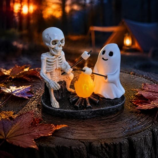 Spooky Home Ornament Skeleton And Ghost Bonfire Night Lamp, Halloween Campfire Flickering Table Horror Fan Collectible Cute Roasting Marshmallow