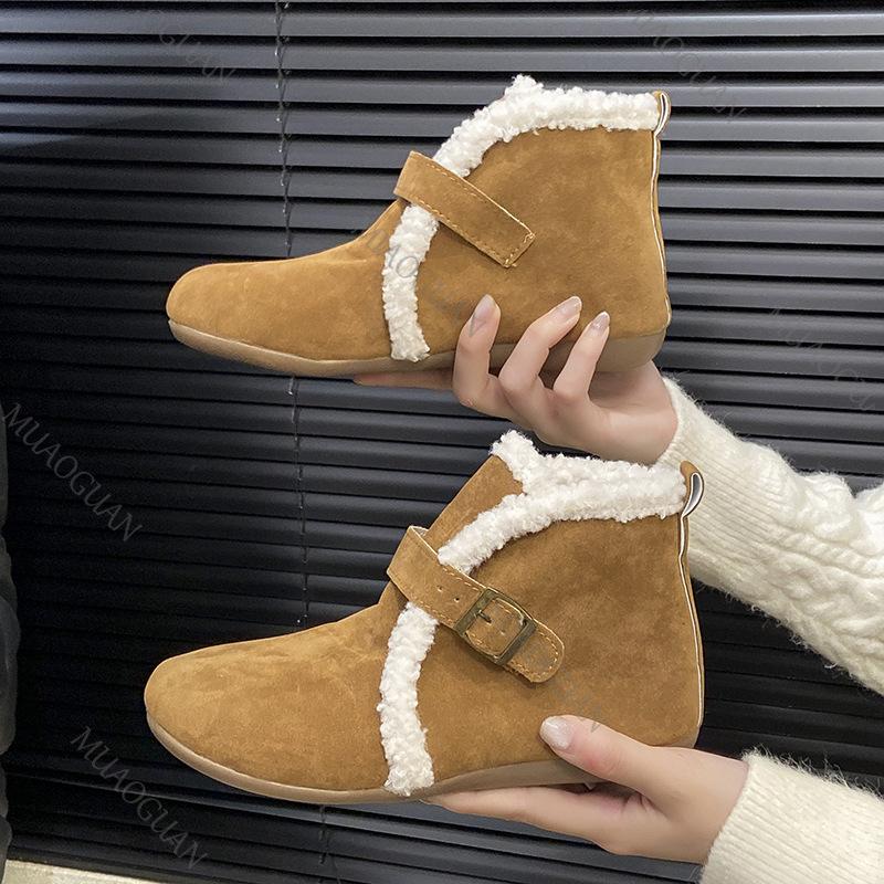 Fashion Winter New Belt Buckle Women Cotton Shoes Casual Flat Bottom Comfortable Botines Padded Outer Velvet Short Snow Boots Females
