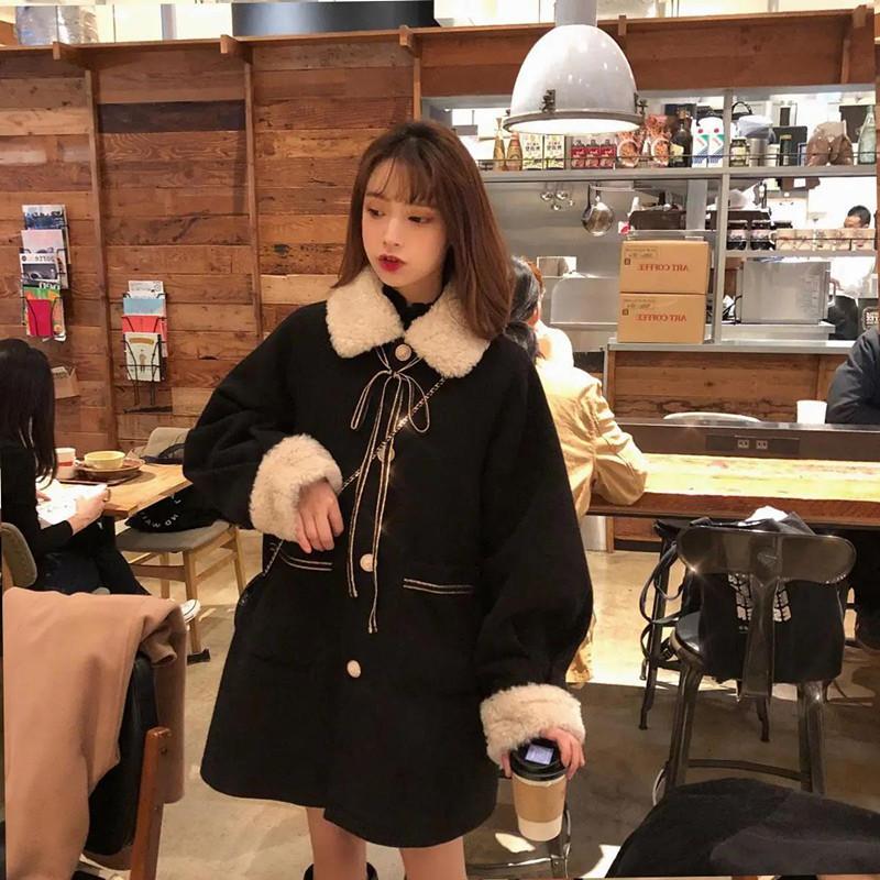 Imitation lamb woolen coat women's new college medium and long fur collar woolen coat winter