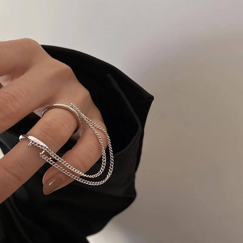 Fashion Punk Chain Double Ring Set Women Hip Hop Open Ring Metal  Color Vintage Tassel Chain Geometric Party Jewlery Gifts