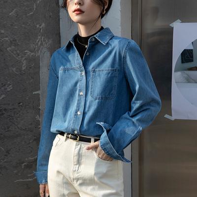 Women's Spring and Autumn Denim Shirt Design Sense Blue Jacket Loose Shoulder Layered French Shirt Long Sleeve