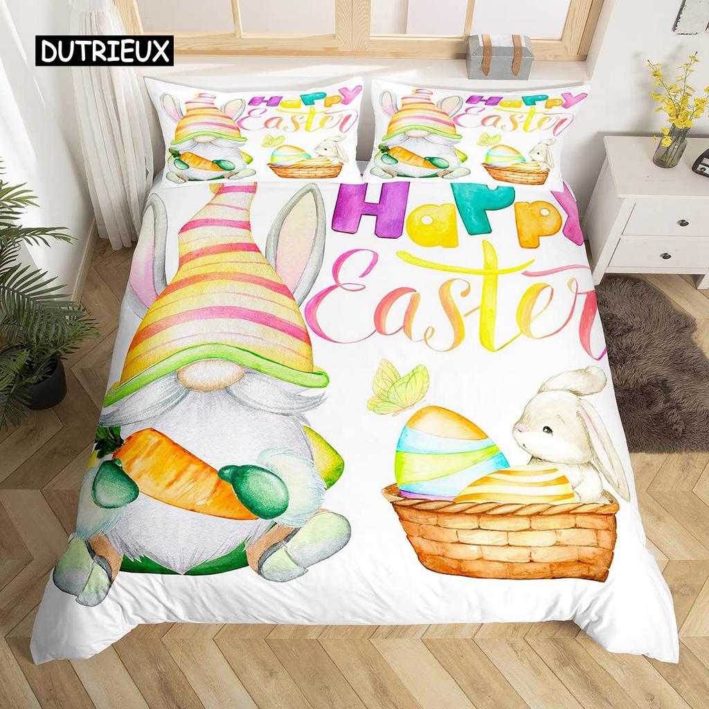 Kawaii Rabbit Duvet Cover Cute Pet Animal Comforter Cover Boho Floral Easter Eggs Bedding Set Happy Easter Gifts for Girls Teens