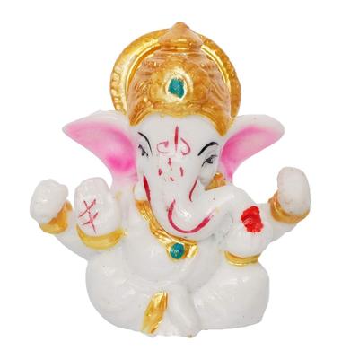 White Resin Lord Ganesha Idol with Golden Mukut| Lord Ganesha Idol for Home Decor Office Car Dashboard| Ganesha Statue for Puja Room