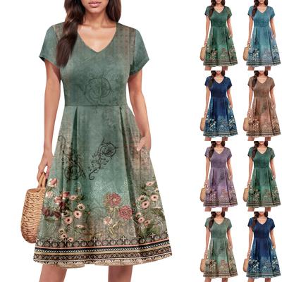 Womens Summer Dress Short Sleeve V Neck Short Dresses Fashion Casual Flowy A Line Swing Sundress With Pocket
